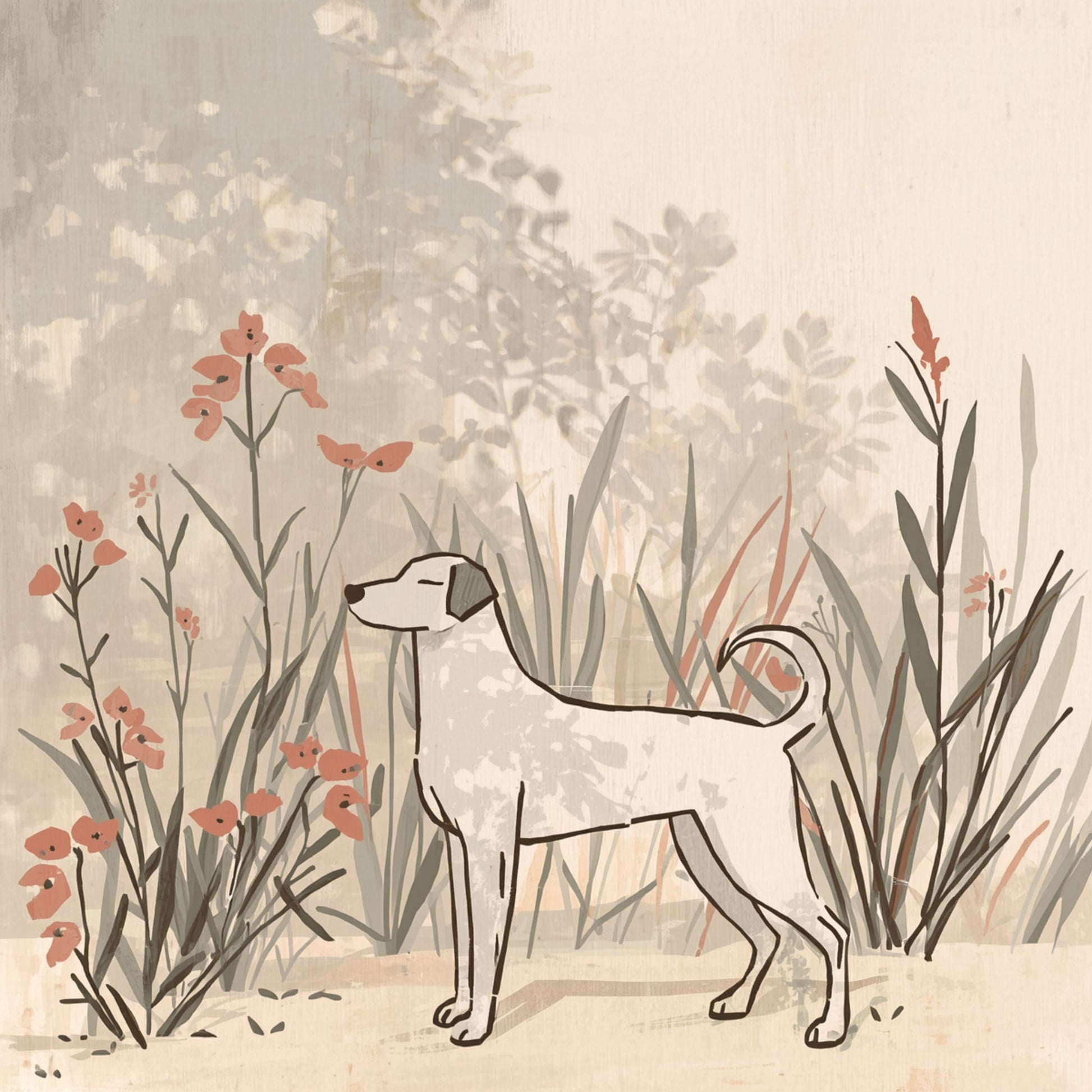 Sierlijke hond in botanische tuin canvas schilderij met wilde bloemen en grassen in zachte lijntekening op beige achtergrond — babykamer wanddecoratie
