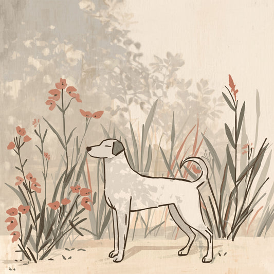 Sierlijke hond in botanische tuin canvas schilderij met wilde bloemen en grassen in zachte lijntekening op beige achtergrond — babykamer wanddecoratie
