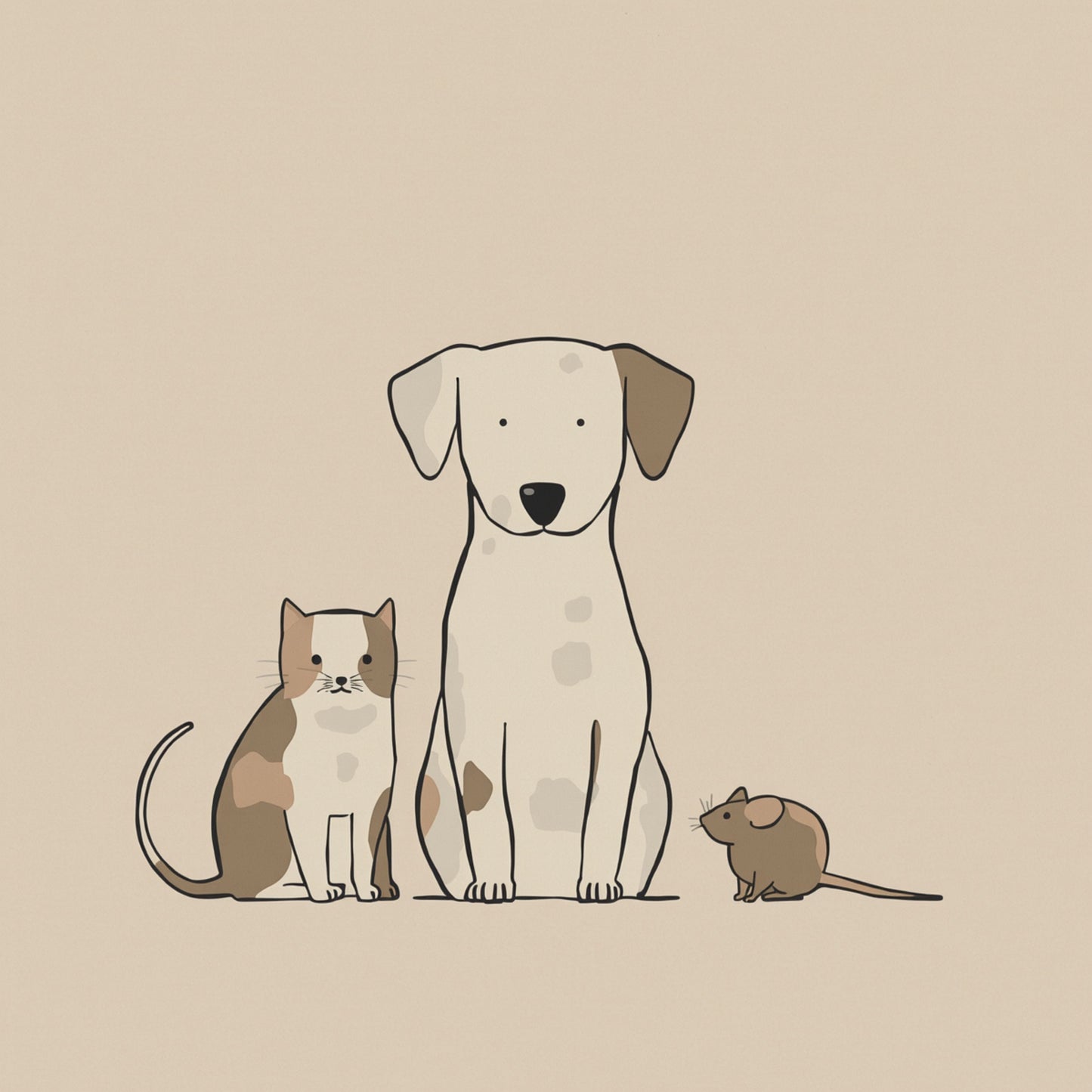 Lieve hond kat en muis samen canvas schilderij in zachte illustratie op warme beige achtergrond — babykamer wanddecoratie
