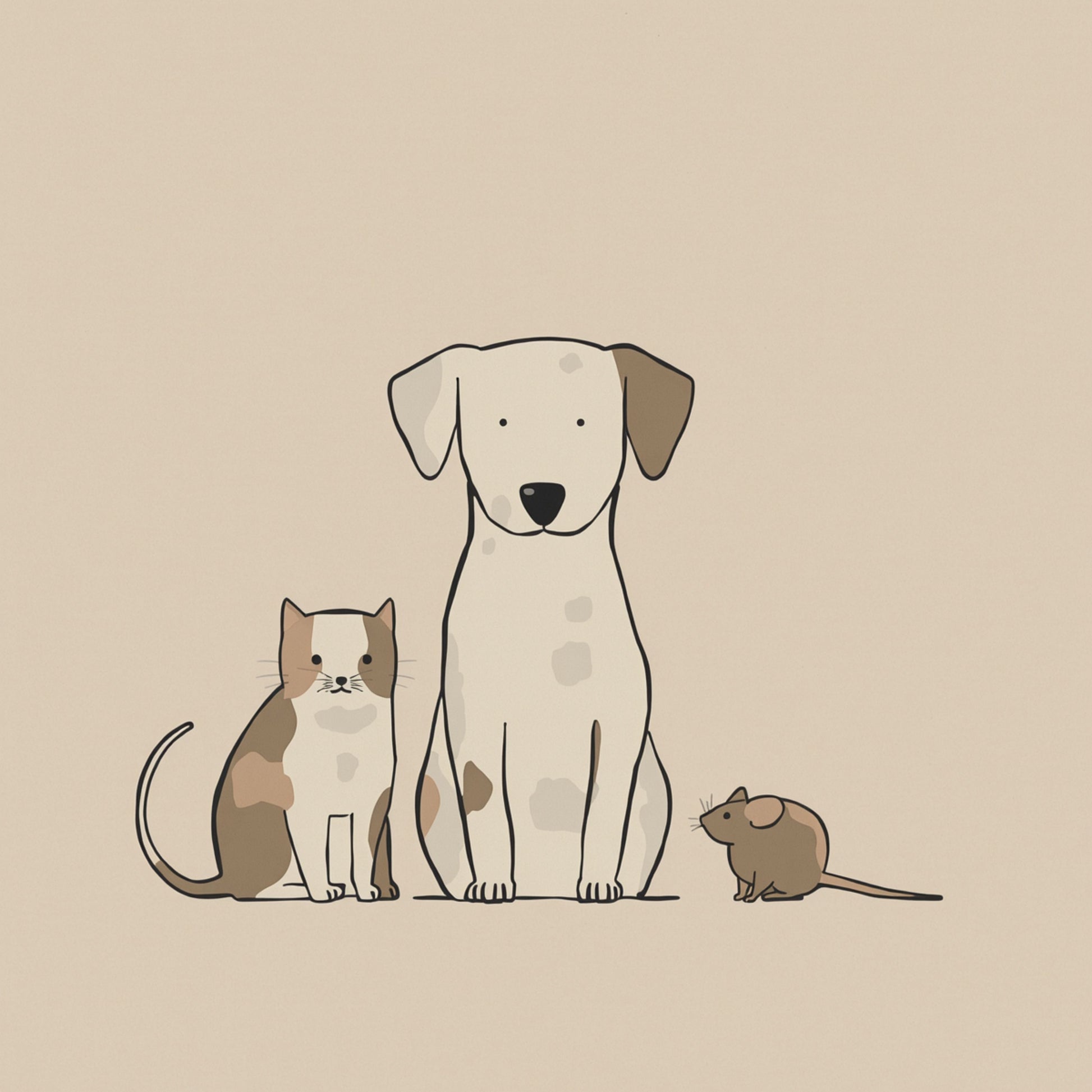 Lieve hond kat en muis samen canvas schilderij in zachte illustratie op warme beige achtergrond — babykamer wanddecoratie

