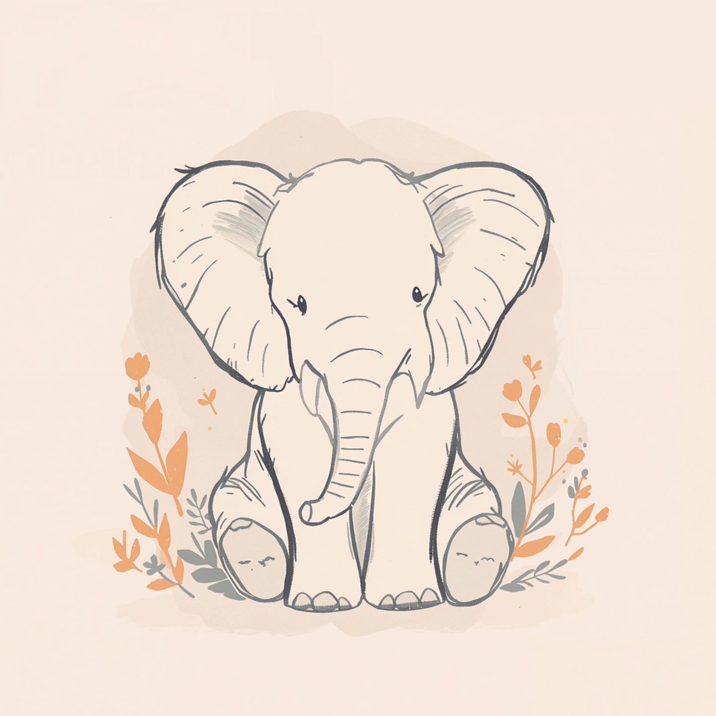 Lief olifantje canvas schilderij met oranje bloemetjes en bladeren in zachte illustratie op beige achtergrond — babykamer wanddecoratie
