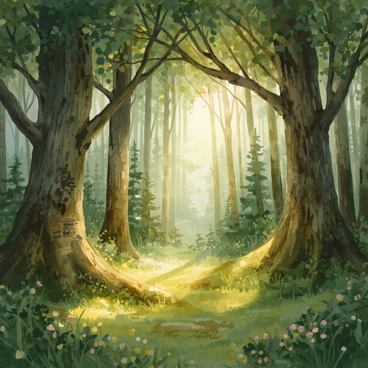 Magisch bospad canvas schilderij met gouden zonlicht door weelderige groene bomen en wilde bloemen op bosbodem — babykamer wanddecoratie
