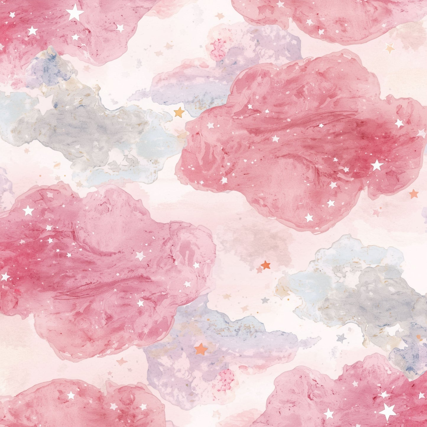 Roze aquarel wolken canvas schilderij met zachte grijze tinten en glinsterende sterretjes op witte achtergrond — babykamer wanddecoratie
