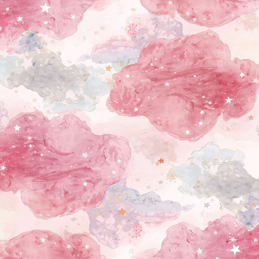 Roze aquarel wolken canvas schilderij met zachte grijze tinten en glinsterende sterretjes op witte achtergrond — babykamer wanddecoratie
