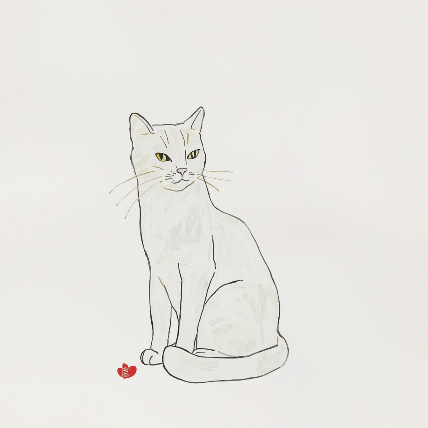 Sierlijk katje canvas schilderij in minimalistische lijntekening met rood hartje op zachte beige achtergrond — babykamer wanddecoratie
