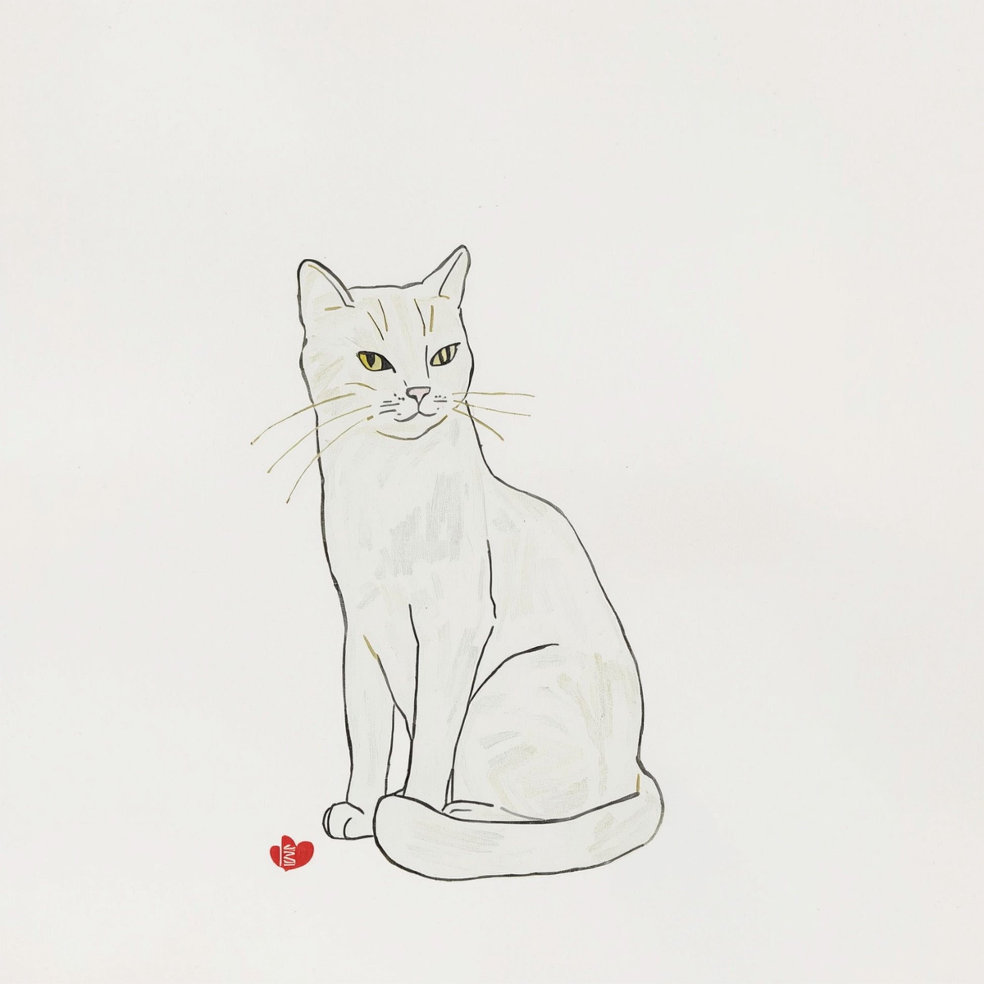 Sierlijk katje canvas schilderij in minimalistische lijntekening met rood hartje op zachte beige achtergrond — babykamer wanddecoratie
