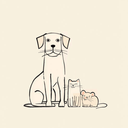 Hond met twee kleine katjes canvas schilderij in minimalistische lijntekening op zachte beige achtergrond — babykamer wanddecoratie
