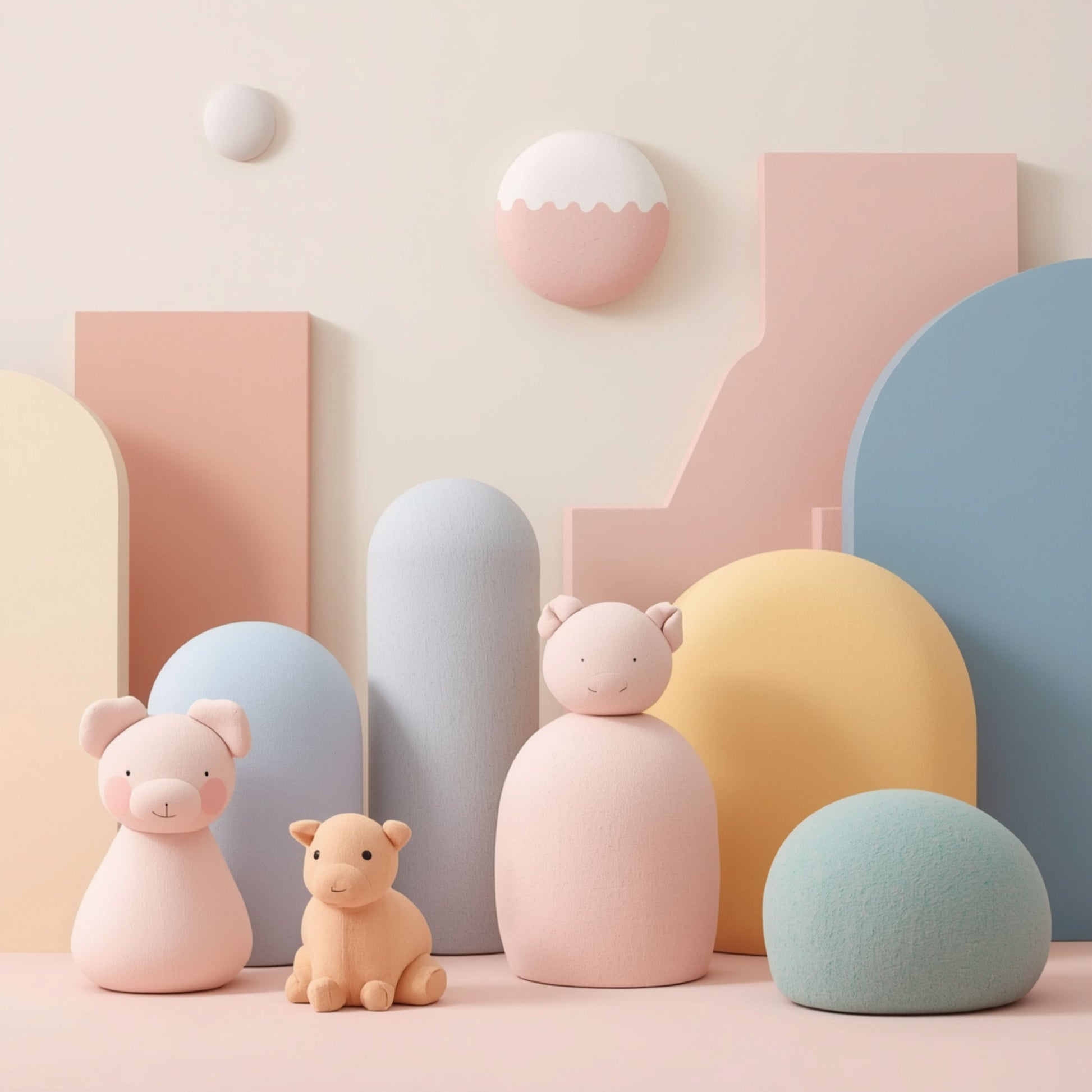 Speels 3D pastel speelgoed canvas schilderij met zachte roze blauwe en gele bollen bogen en figuren op lichte achtergrond — babykamer wanddecoratie

