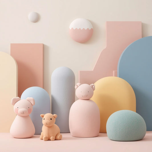 Speels 3D pastel speelgoed canvas schilderij met zachte roze blauwe en gele bollen bogen en figuren op lichte achtergrond — babykamer wanddecoratie

