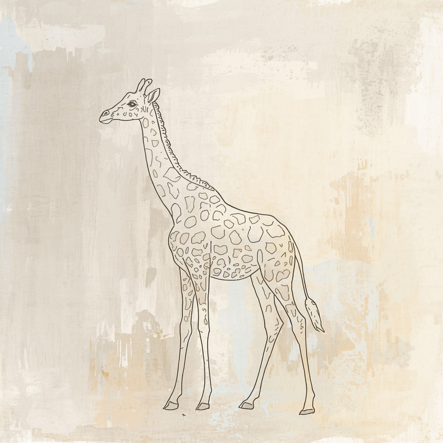 Minimalistisch giraf canvas schilderij in zachte lijntekening stijl op warme beige aquarel achtergrond — babykamer wanddecoratie
