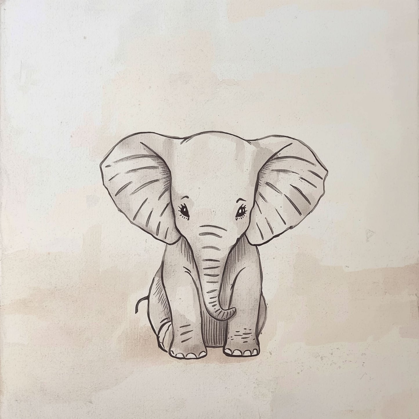 Baby olifantje canvas schilderij in zachte grijze potloodtekening op warme beige achtergrond — babykamer wanddecoratie

