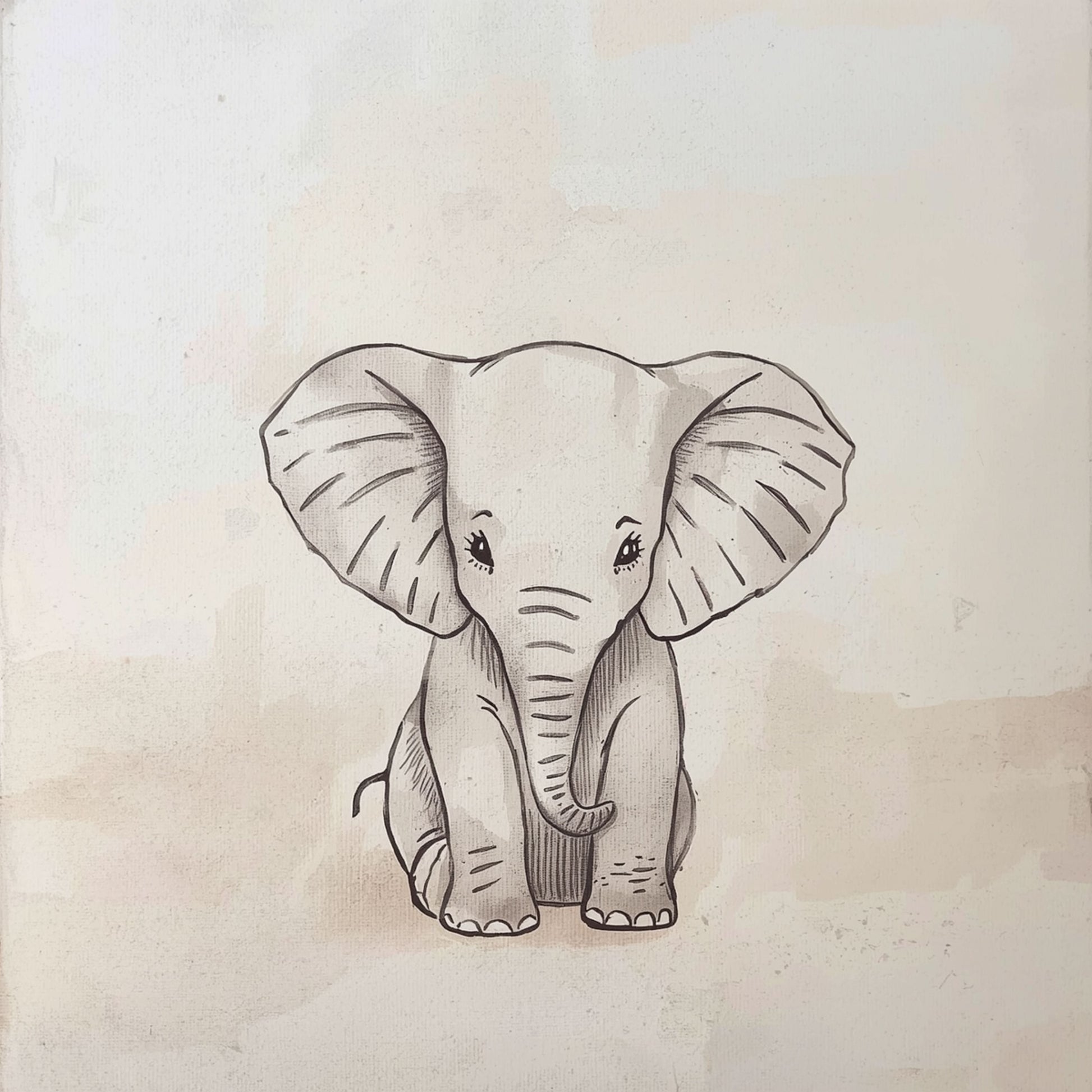 Baby olifantje canvas schilderij in zachte grijze potloodtekening op warme beige achtergrond — babykamer wanddecoratie
