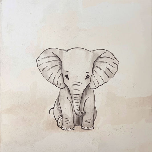 Baby olifantje canvas schilderij in zachte grijze potloodtekening op warme beige achtergrond — babykamer wanddecoratie
