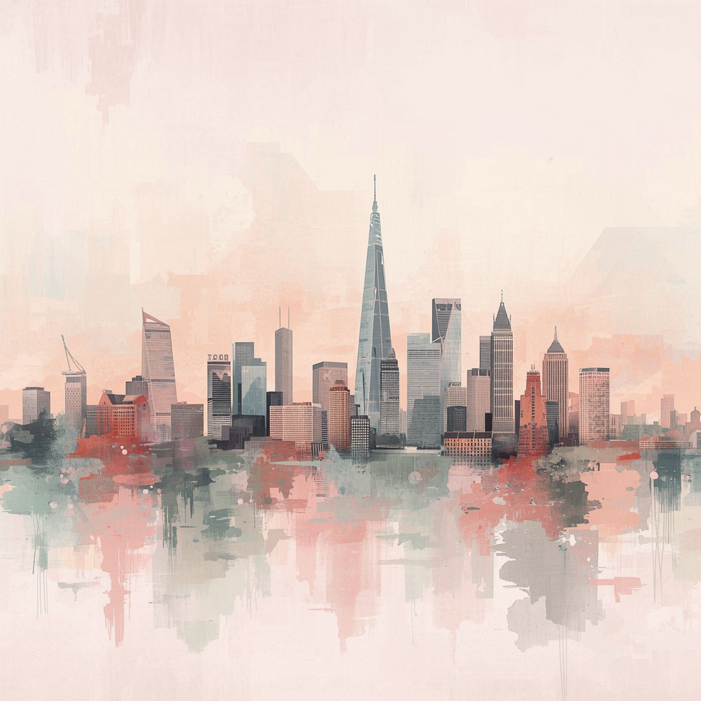 Roze aquarel stadsskyline canvas schilderij met zachte rode accenten en weerspiegeling in water op lichte achtergrond — babykamer wanddecoratie
