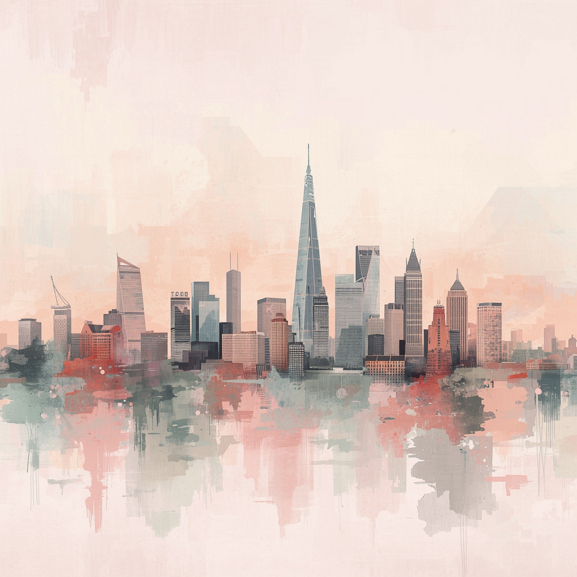 Roze aquarel stadsskyline canvas schilderij met zachte rode accenten en weerspiegeling in water op lichte achtergrond — babykamer wanddecoratie
