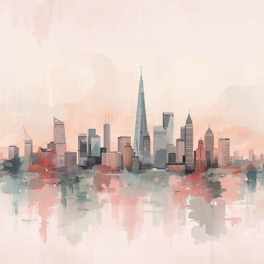 Roze aquarel stadsskyline canvas schilderij met zachte rode accenten en weerspiegeling in water op lichte achtergrond — babykamer wanddecoratie
