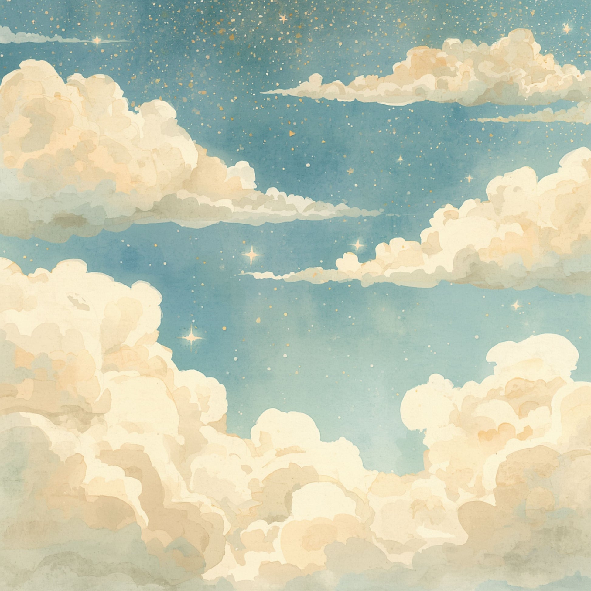 Vintage wolkenlucht canvas schilderij met zachte pluizige crème wolken op hemelsblauwe achtergrond in klassieke stijl — babykamer wanddecoratie
