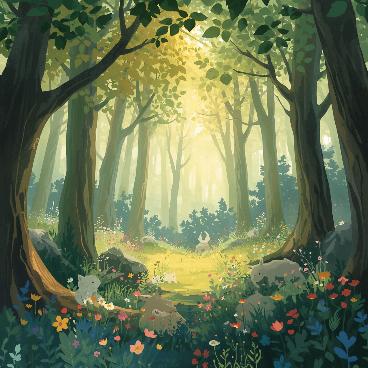 Betoverend sprookjesbos canvas schilderij met gouden zonlicht door weelderige groene bomen en kleurrijke wilde bloemen op bosbodem — babykamer wanddecoratie

