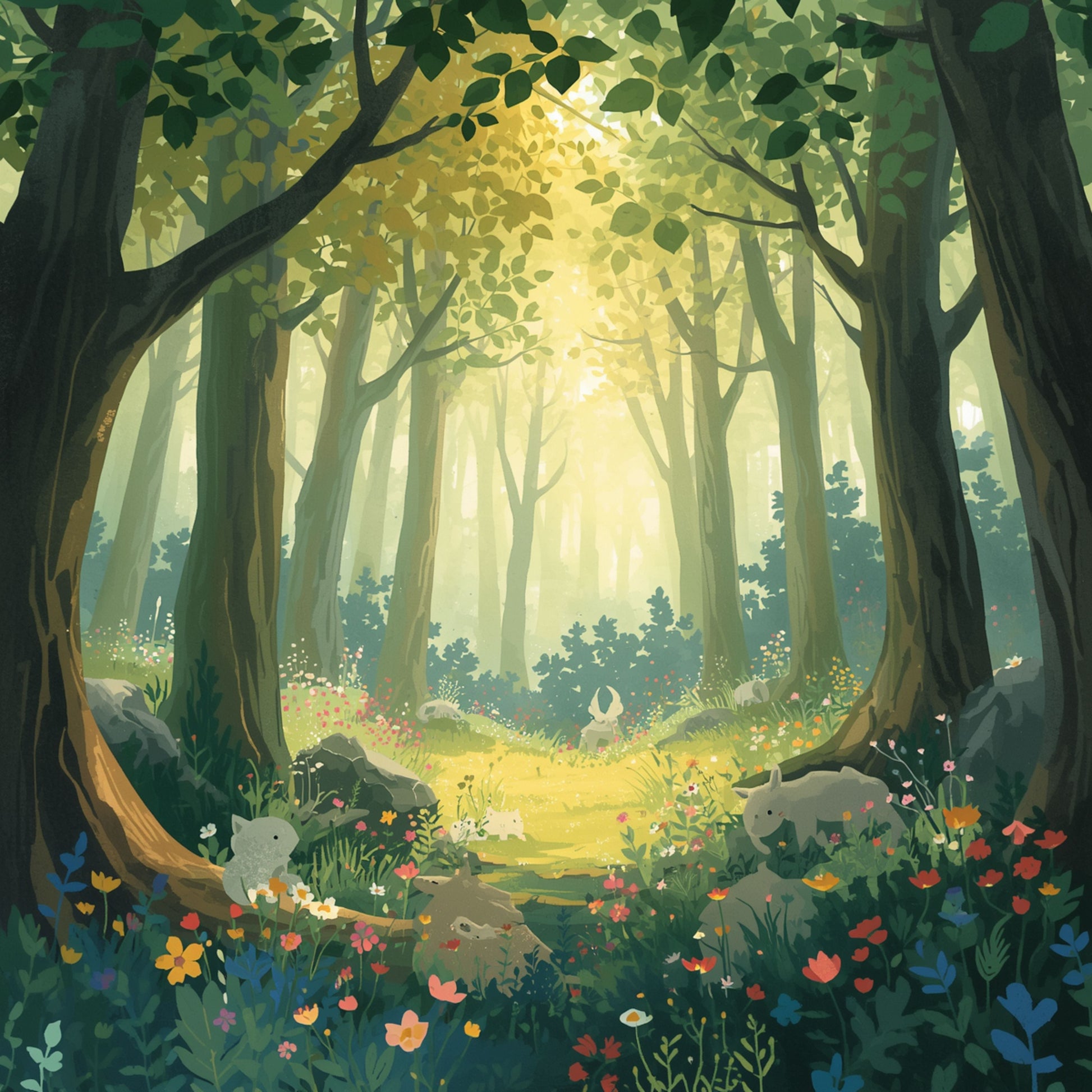 Betoverend sprookjesbos canvas schilderij met gouden zonlicht door weelderige groene bomen en kleurrijke wilde bloemen op bosbodem — babykamer wanddecoratie
