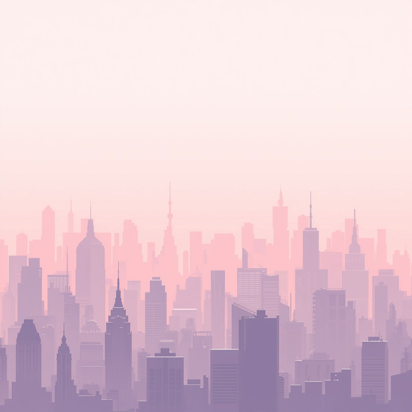 Paarse pastel stadsskyline canvas schilderij in mistige stijl met zachte roze en lila tinten op lichte achtergrond — babykamer wanddecoratie
