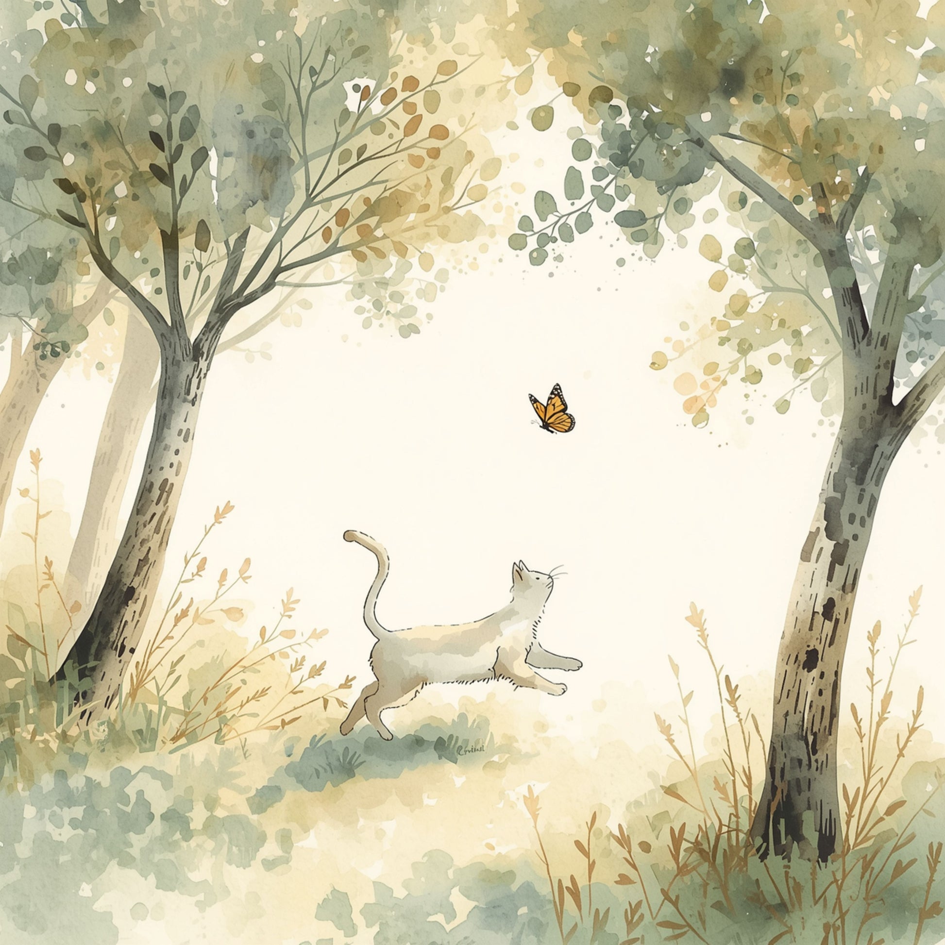 Speels katje dat achter een vlinder aanrent in aquarel bos met zachte groene bomen en gouden zonlicht — babykamer wanddecoratie
