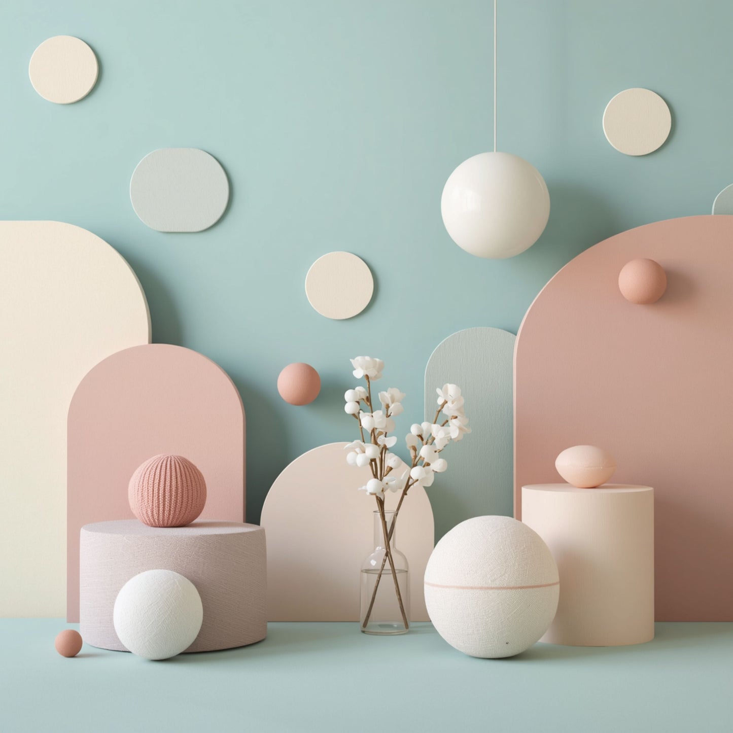 Moderne 3D pastel geometrische vormen canvas schilderij met zachte roze witte bollen en bogen op mint groene achtergrond — babykamer wanddecoratie
