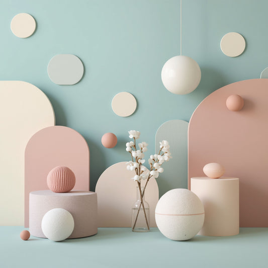 Moderne 3D pastel geometrische vormen canvas schilderij met zachte roze witte bollen en bogen op mint groene achtergrond — babykamer wanddecoratie
