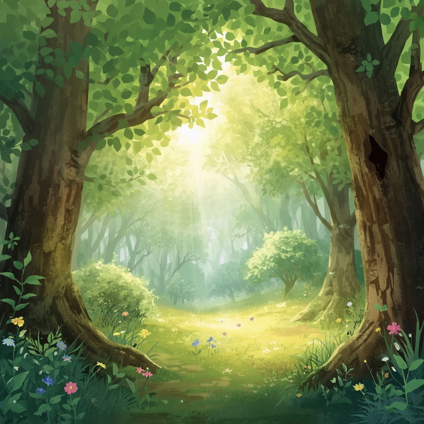 Betoverend bospad canvas schilderij met zacht gouden zonlicht door weelderige groene bomen en wilde bloemen — babykamer wanddecoratie
