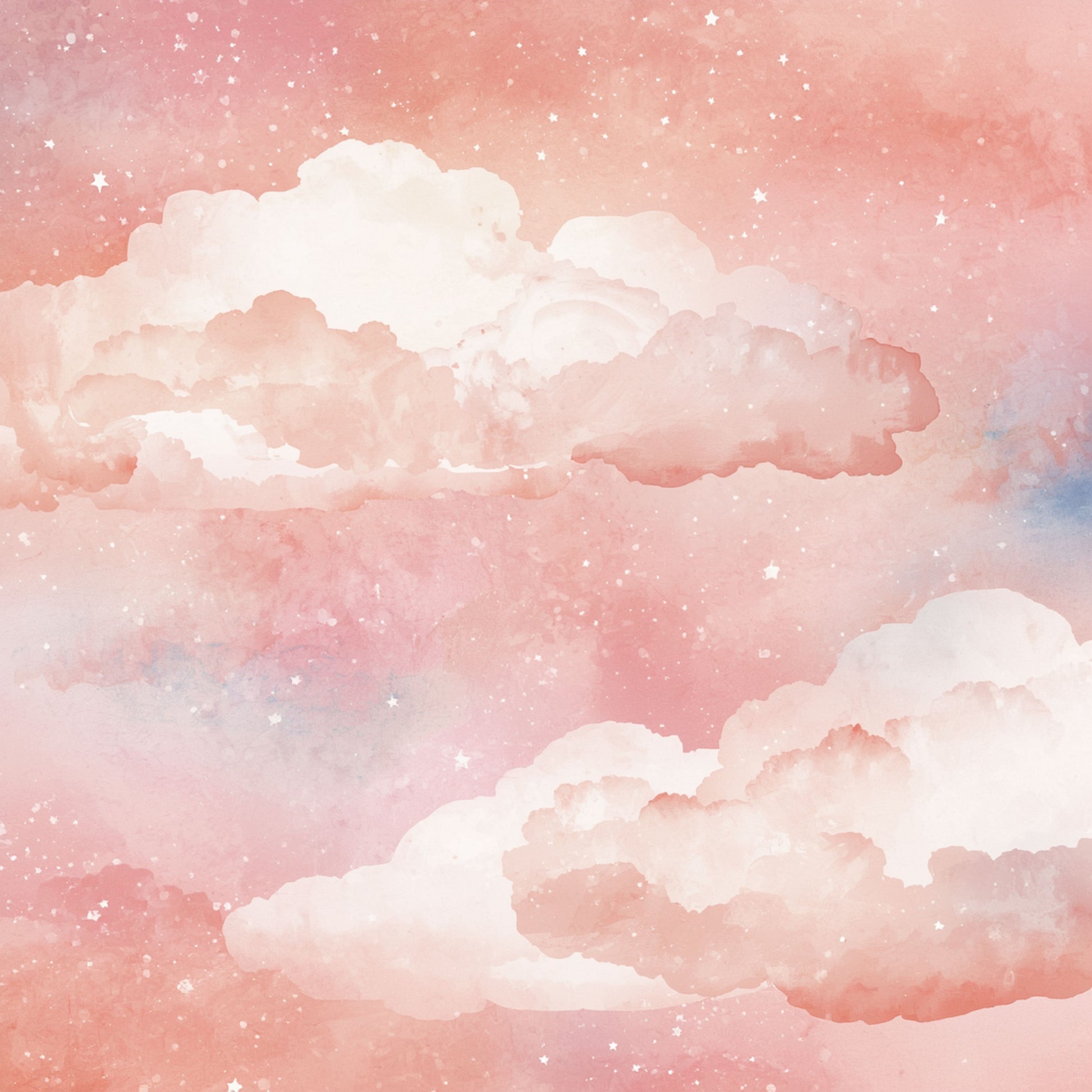 Dromerige roze wolkenhemel canvas schilderij met zachte roze en witte aquarelwolken en gouden glinsterende sterretjes — babykamer wanddecoratie
