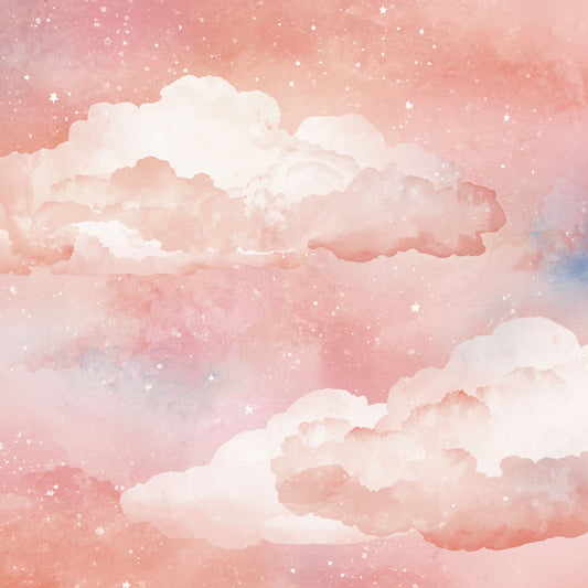 Dromerige roze wolkenhemel canvas schilderij met zachte roze en witte aquarelwolken en gouden glinsterende sterretjes — babykamer wanddecoratie
