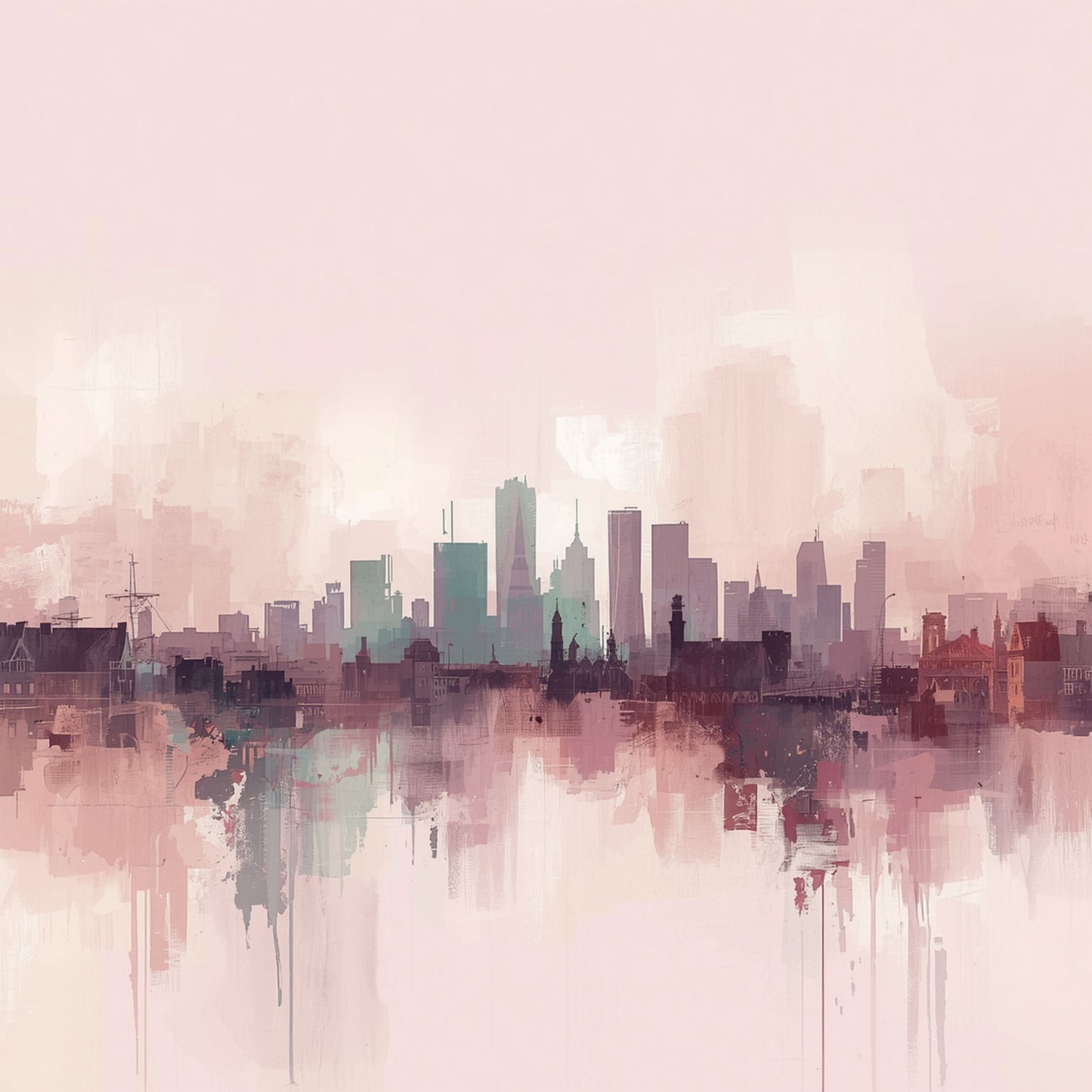 Abstracte roze en paarse stadsskyline canvas schilderij in vloeiende aquarel stijl met weerspiegeling in water op lichte achtergrond — babykamer wanddecoratie
