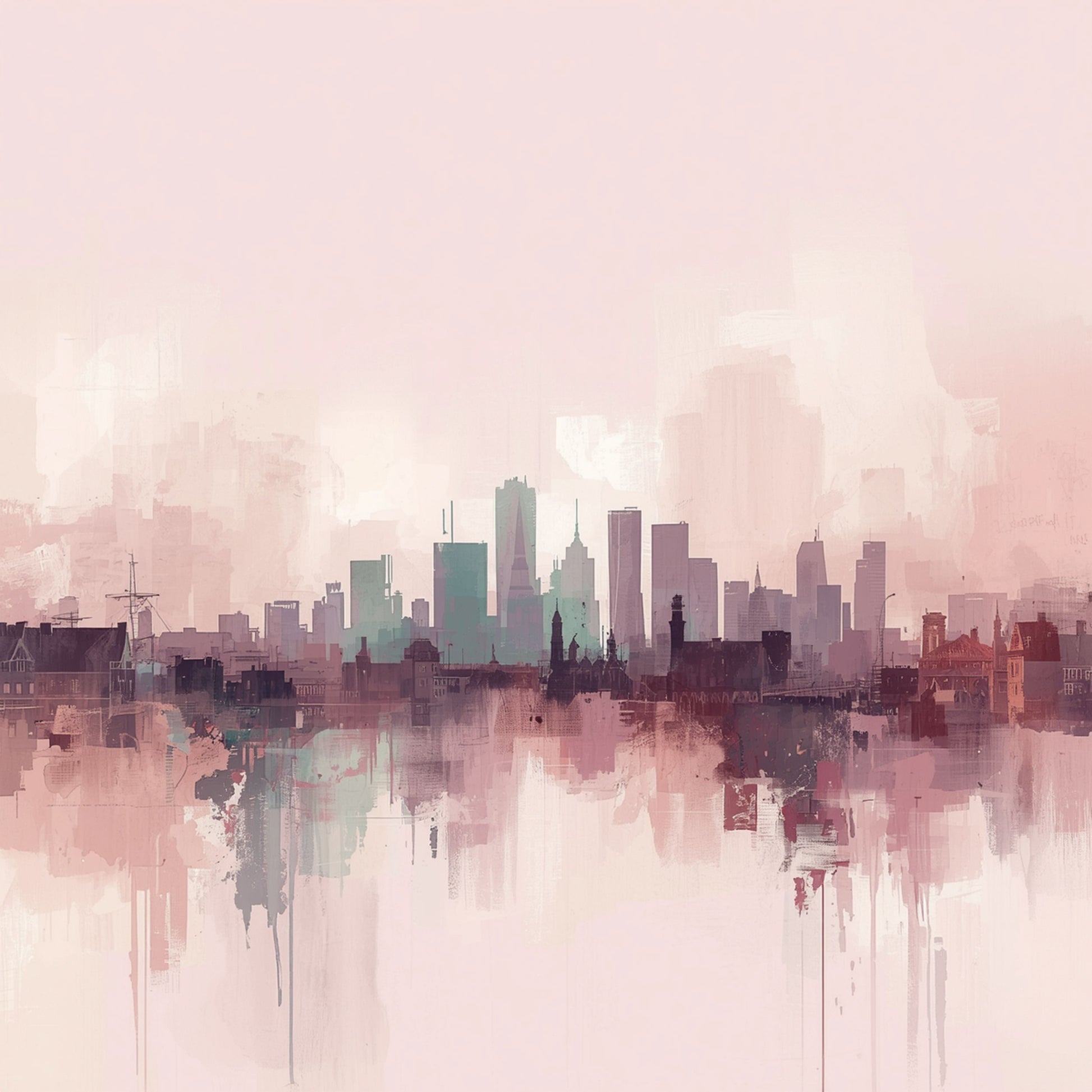 Abstracte roze en paarse stadsskyline canvas schilderij in vloeiende aquarel stijl met weerspiegeling in water op lichte achtergrond — babykamer wanddecoratie
