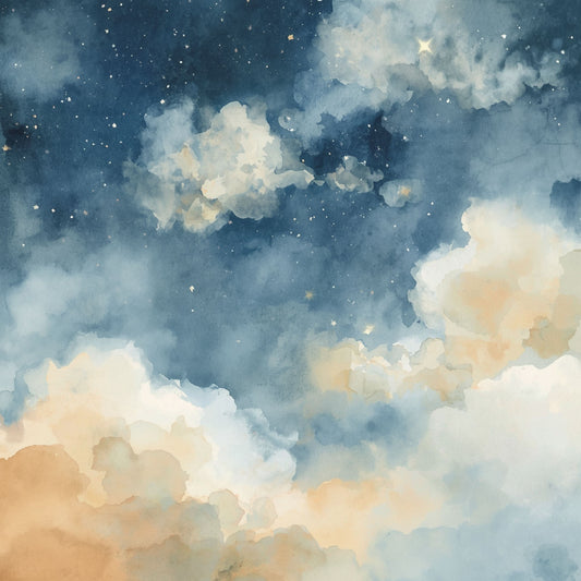 Vintage wolkenlucht canvas schilderij met dramatische diepblauwe lucht en warme gouden beige wolken in klassieke olieverf stijl — babykamer wanddecoratie
