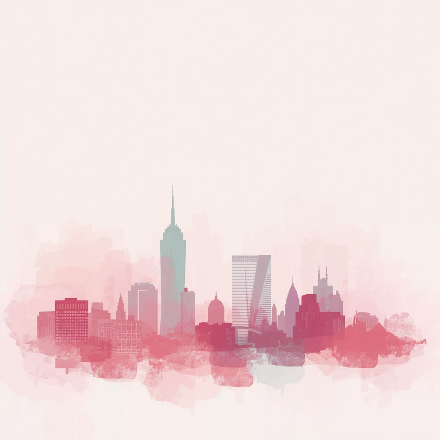 Zachte roze aquarel stadsskyline canvas schilderij met delicate roze en rode tinten op strakke witte achtergrond — babykamer wanddecoratie
