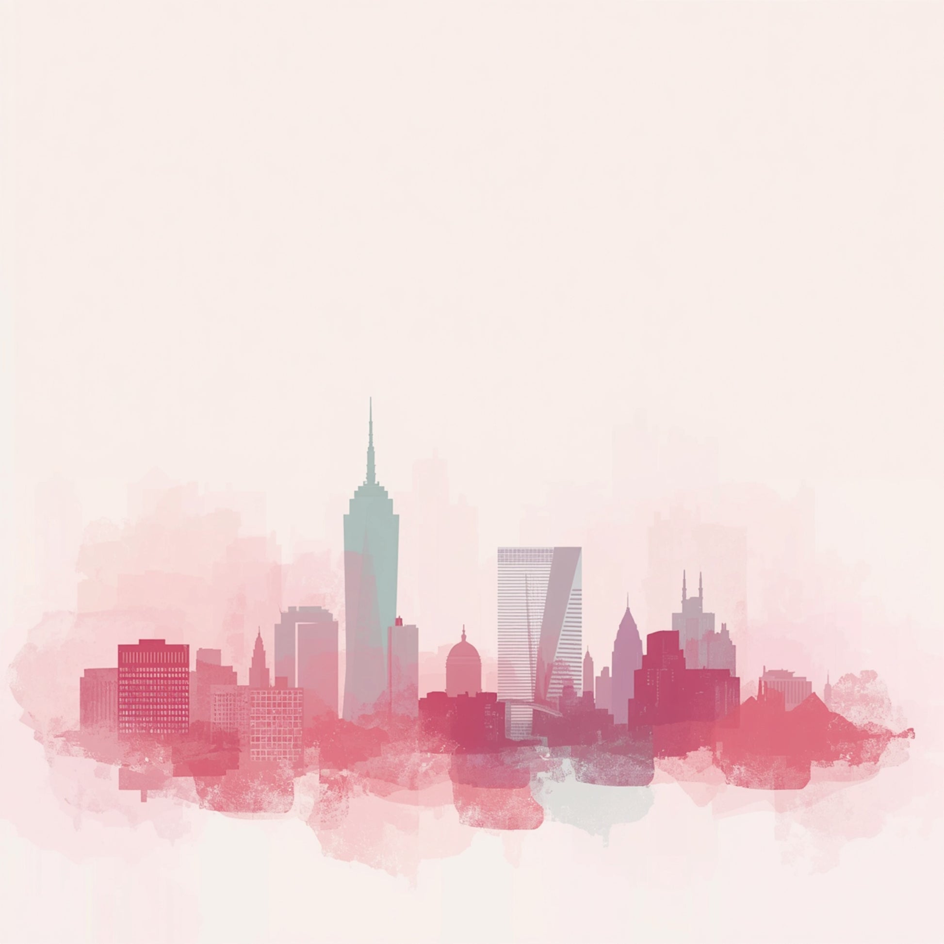 Zachte roze aquarel stadsskyline canvas schilderij met delicate roze en rode tinten op strakke witte achtergrond — babykamer wanddecoratie
