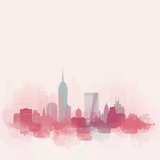 Zachte roze aquarel stadsskyline canvas schilderij met delicate roze en rode tinten op strakke witte achtergrond — babykamer wanddecoratie
