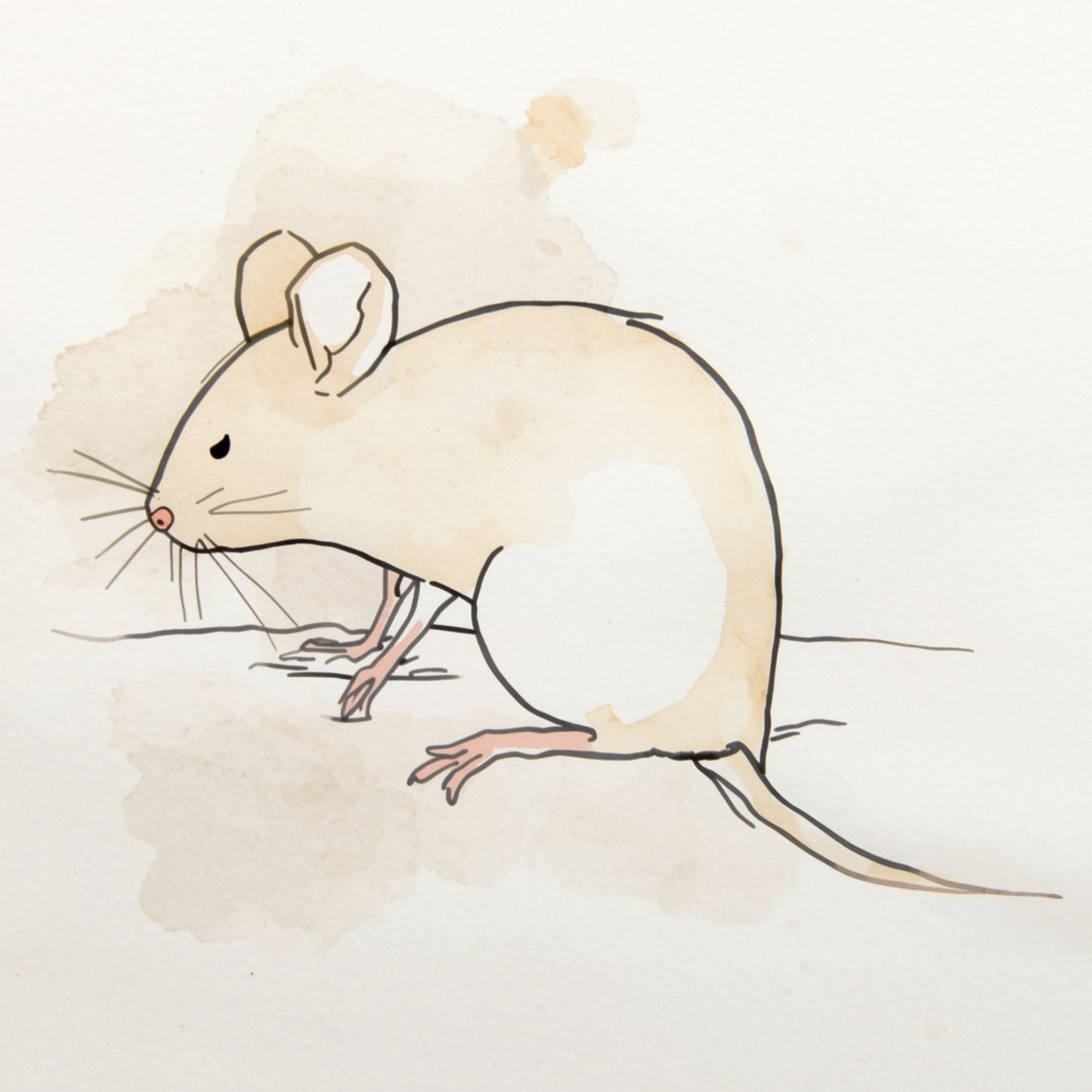Lief rennend muisje canvas schilderij in zachte crème en beige aquarel illustratie op warme achtergrond — babykamer wanddecoratie
