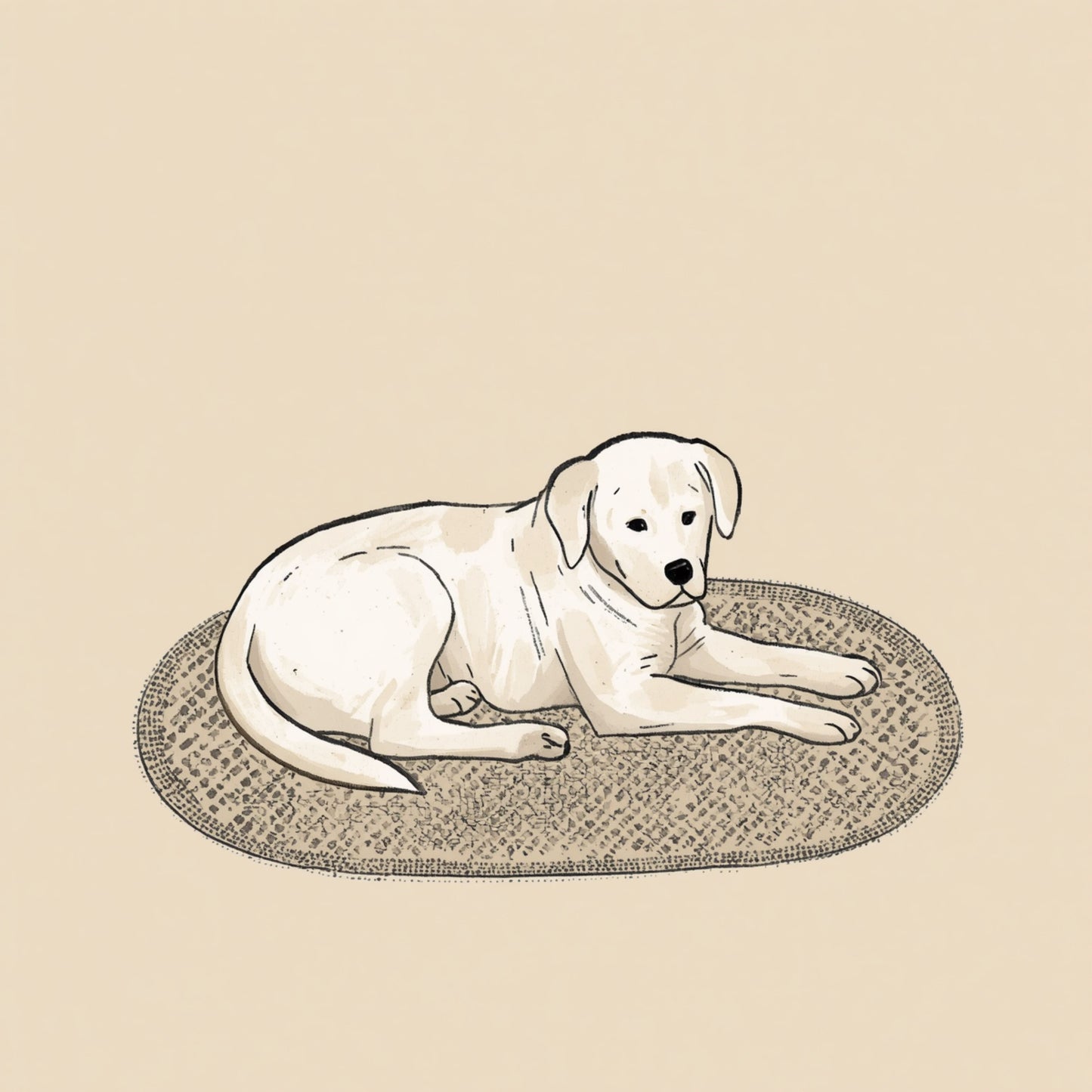 Rustende witte labrador puppy canvas schilderij op beige achtergrond in minimalistische stijl — babykamer wanddecoratie
