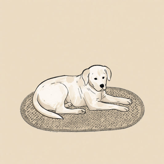 Rustende witte labrador puppy canvas schilderij op beige achtergrond in minimalistische stijl — babykamer wanddecoratie
