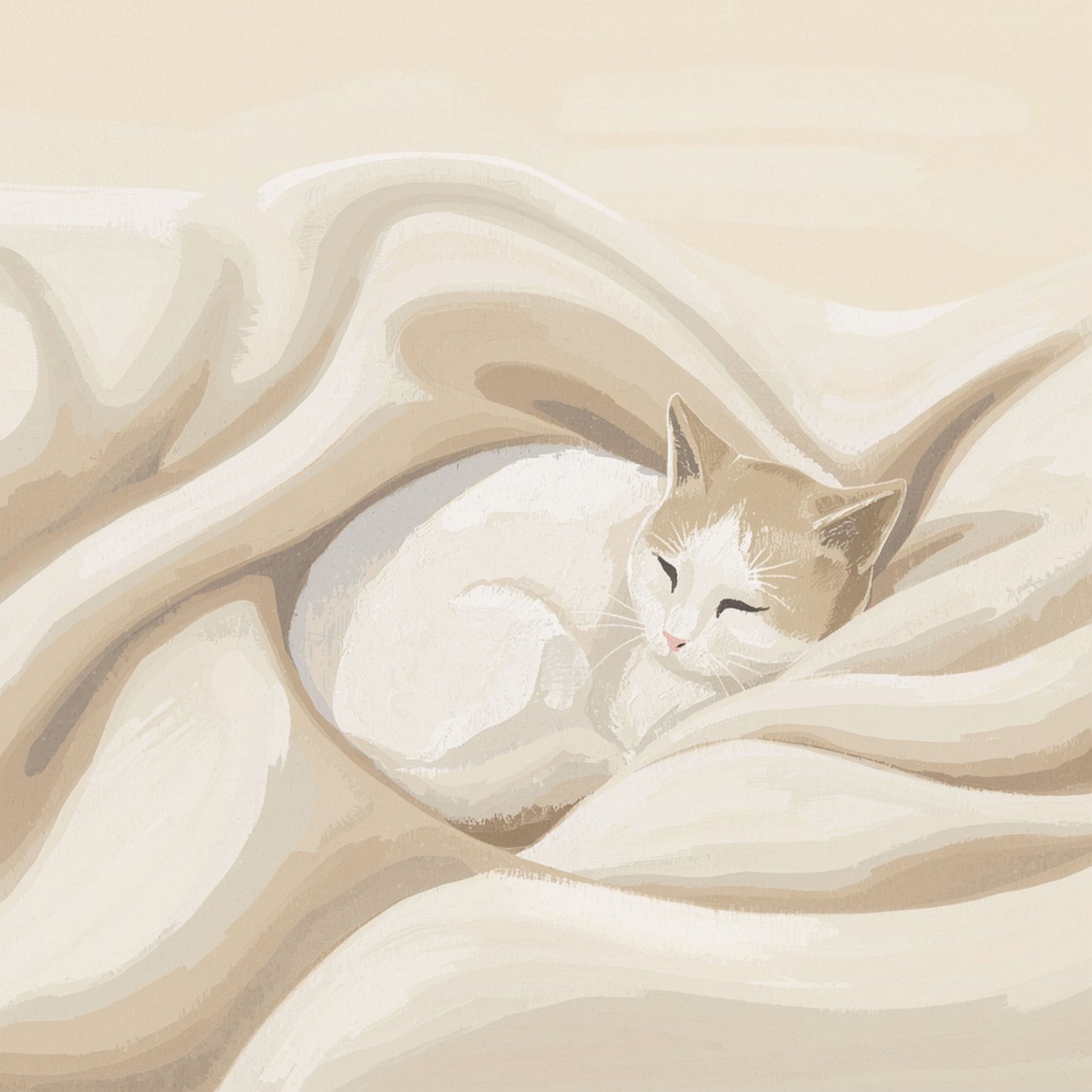 Slapend wit katje canvas schilderij opgerold in zachte crème en beige tinten op warme achtergrond — babykamer wanddecoratie
