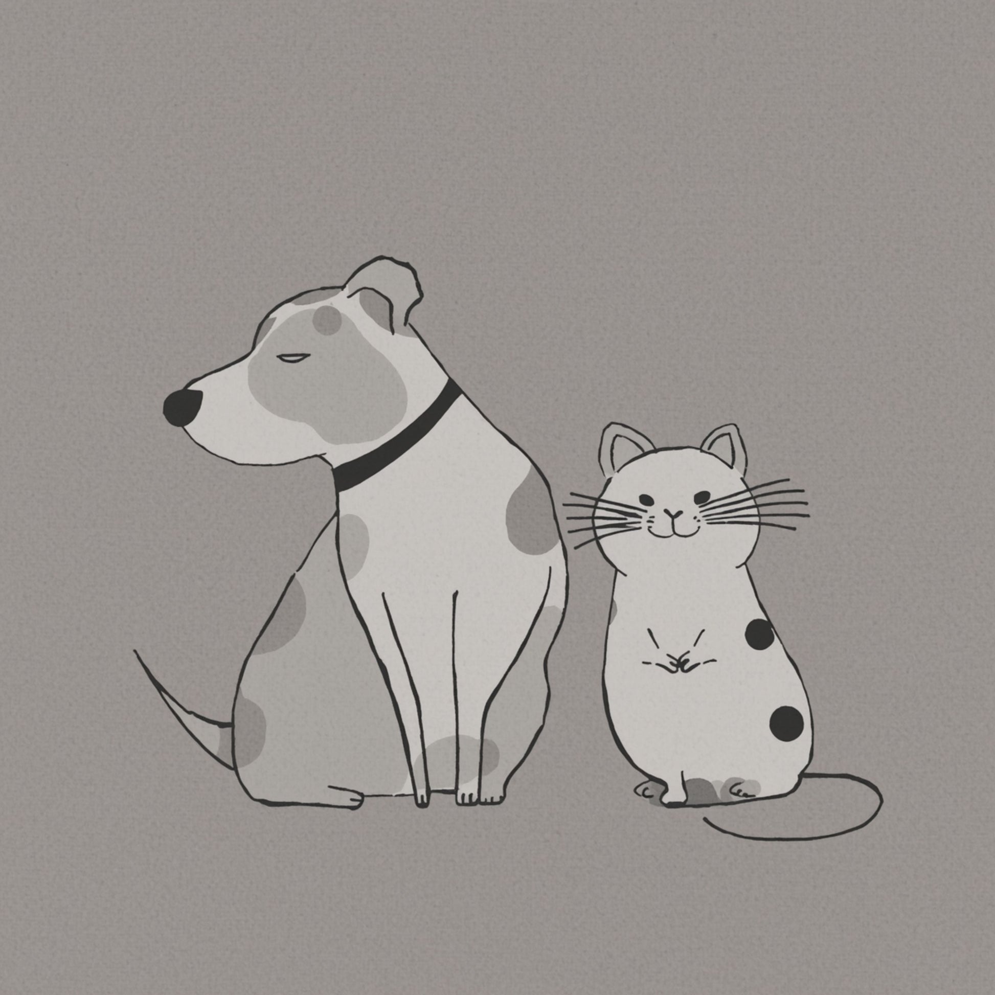 Lieve hond en klein katje samen canvas schilderij in zachte lijntekening illustratie op warme grijze achtergrond — babykamer wanddecoratie
