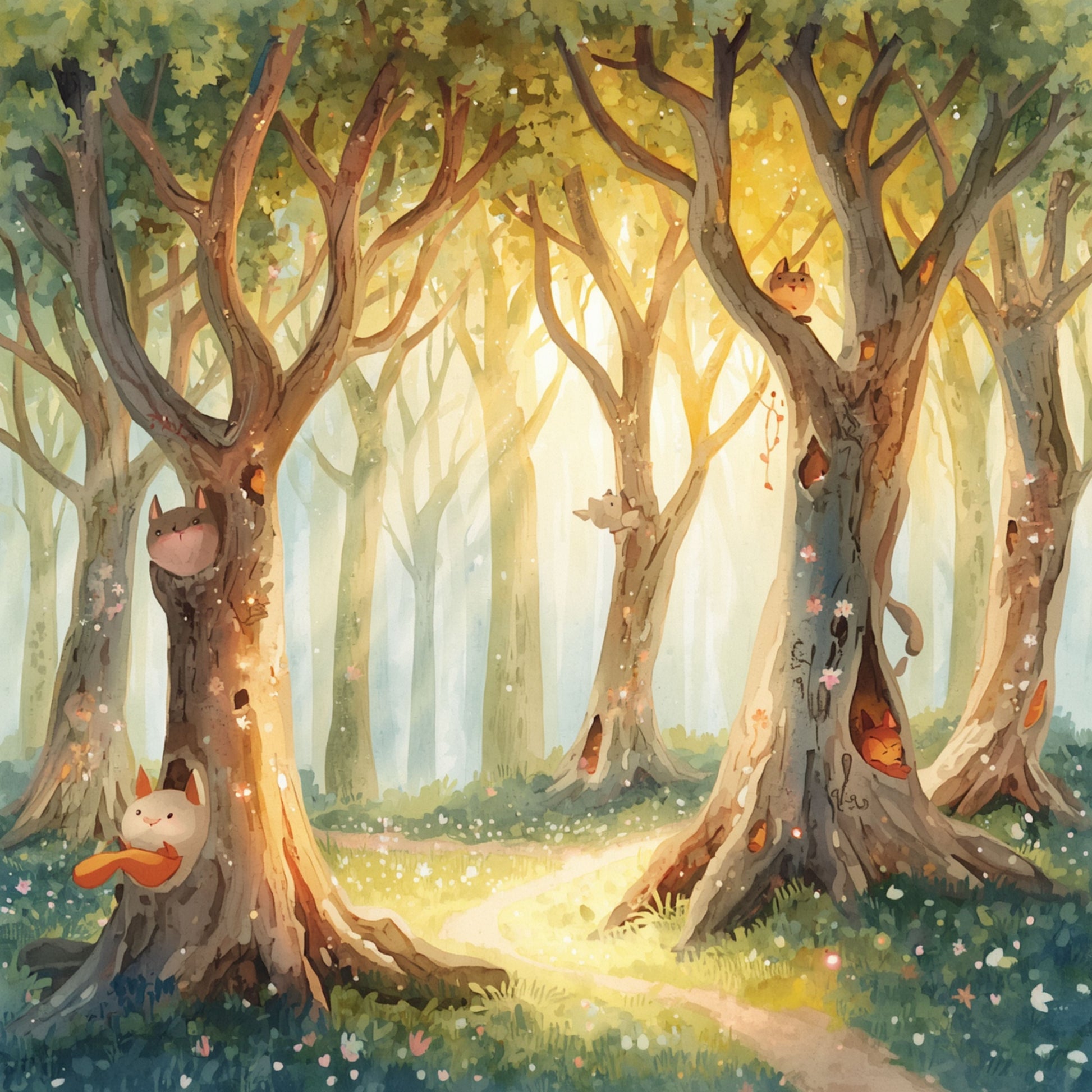 Magisch sprookjesbos canvas schilderij met feeën gouden licht en weelderige oude bomen in warme sprookjesachtige illustratie — babykamer wanddecoratie
