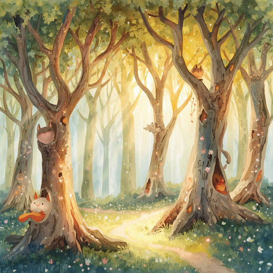 Magisch sprookjesbos canvas schilderij met feeën gouden licht en weelderige oude bomen in warme sprookjesachtige illustratie — babykamer wanddecoratie
