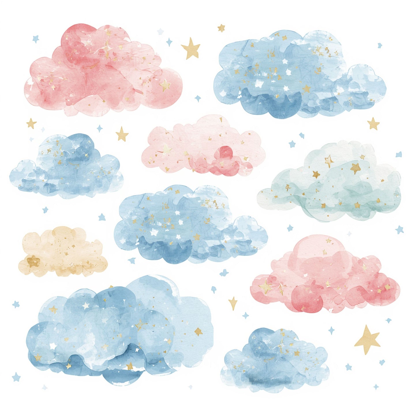 Speelse pastel wolkjes canvas schilderij met zachte roze blauwe en gele aquarelwolken verspreid op witte achtergrond — babykamer wanddecoratie
