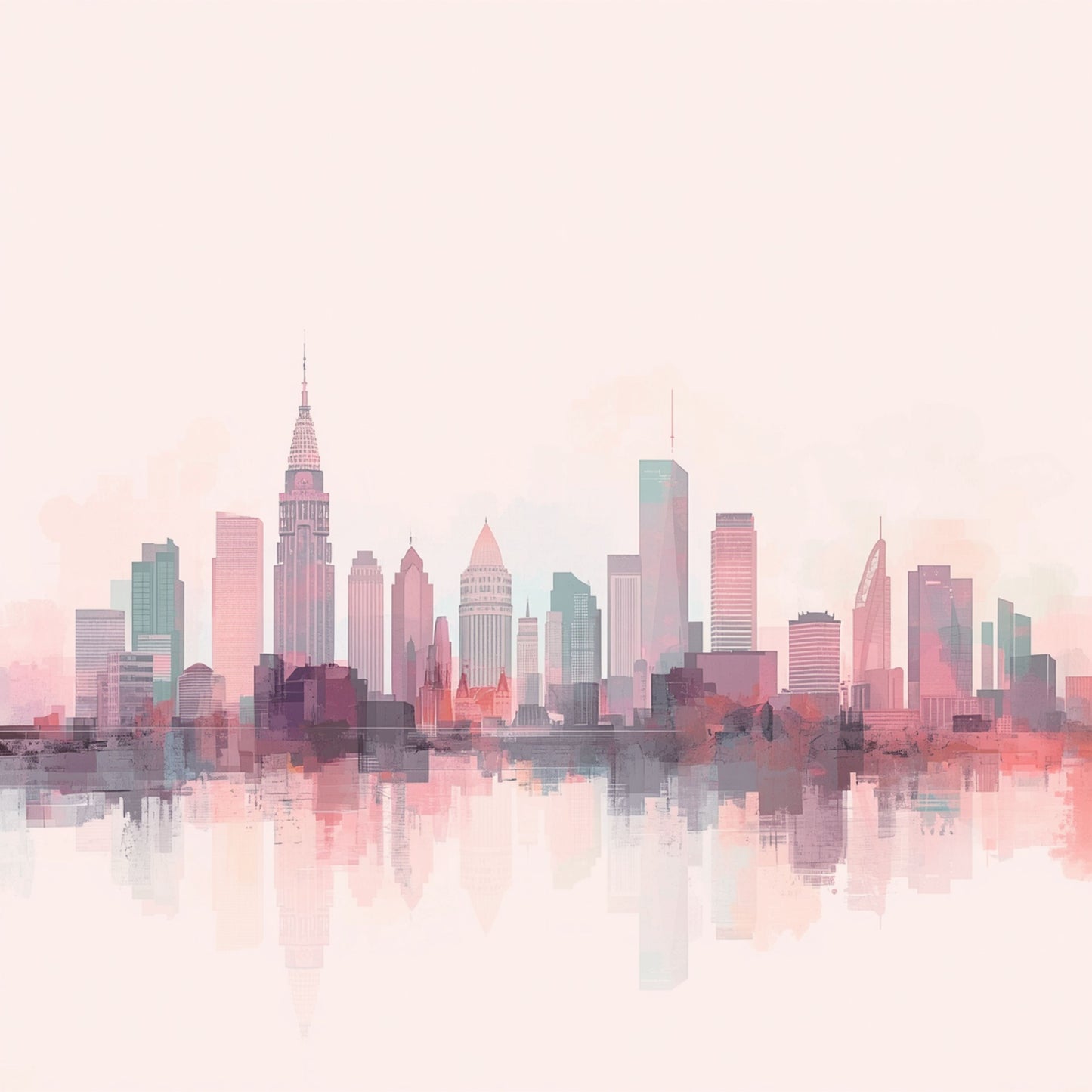 Roze en paarse stadsskyline canvas schilderij met zachte weerspiegeling in water op lichte roze achtergrond — babykamer wanddecoratie
