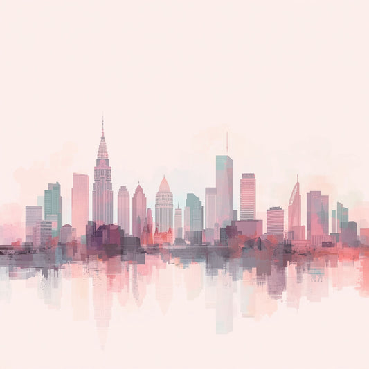 Roze en paarse stadsskyline canvas schilderij met zachte weerspiegeling in water op lichte roze achtergrond — babykamer wanddecoratie
