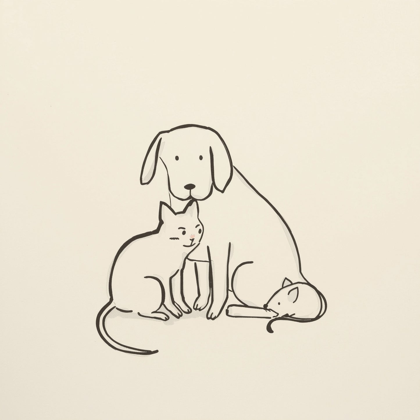 Minimalistische lijntekening van hond en kat samen op warme beige achtergrond — babykamer wanddecoratie
