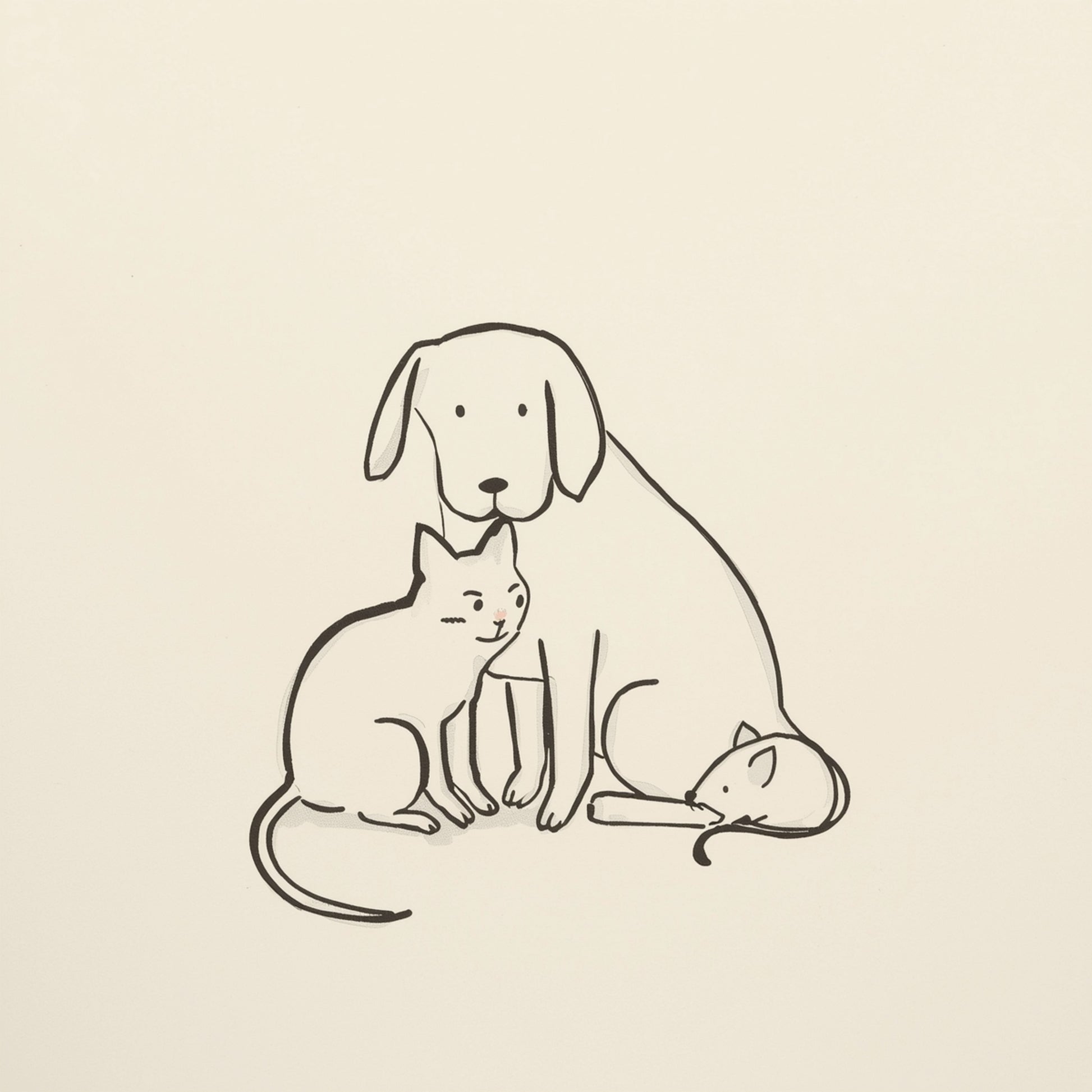 Minimalistische lijntekening van hond en kat samen op warme beige achtergrond — babykamer wanddecoratie
