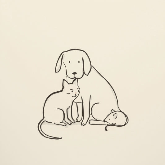 Minimalistische lijntekening van hond en kat samen op warme beige achtergrond — babykamer wanddecoratie
