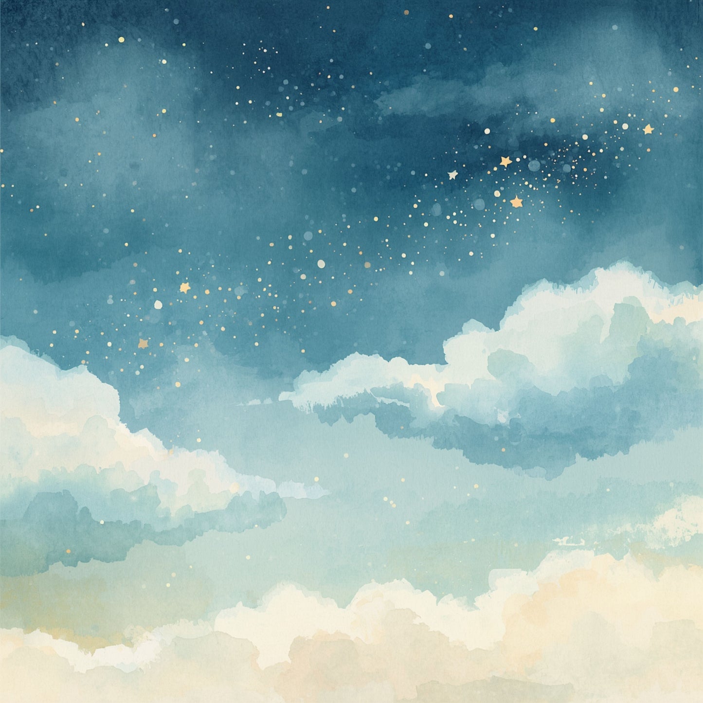 Nachtelijke wolkenlucht canvas schilderij met sterren en maan in zachte blauw-grijze aquareltinten — babykamer wanddecoratie
